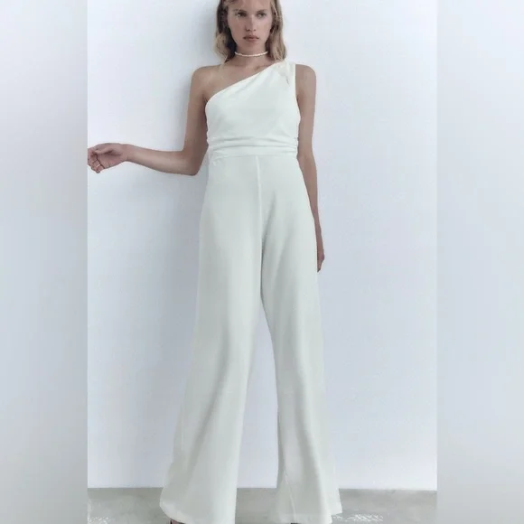 Zara jumpsuit white asymmetric wide leg wedding shower party - Picture 5 of 5